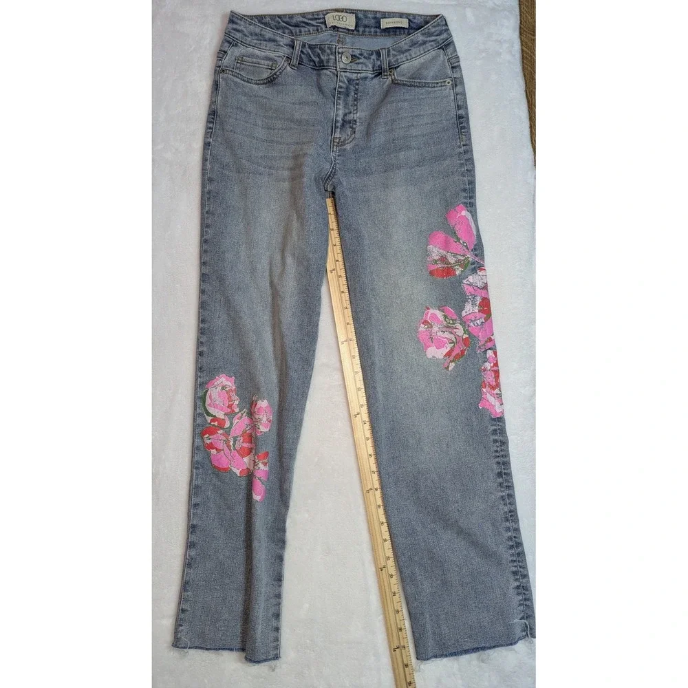 LOGO Lori Goldstein Boyfriend Jeans Floral Light‎ Wash Raw Hem Womens 6 RN89828